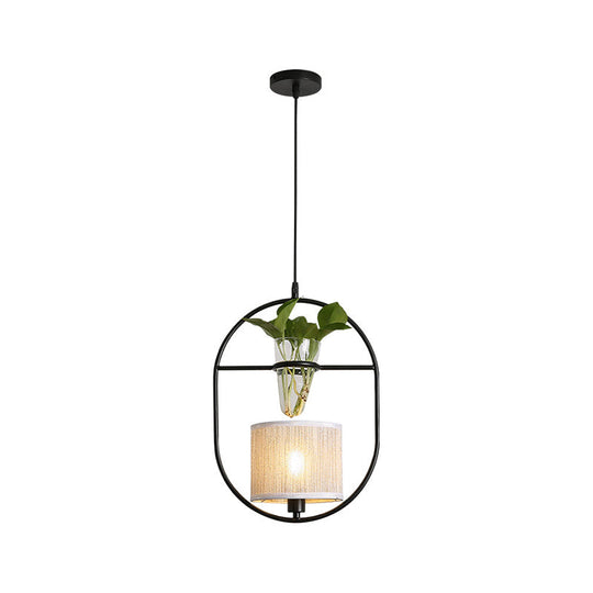 Rustic Pendant Light with Plant Pot and Oval/ Trapezoid Frame in Black - Perfect for Cafes