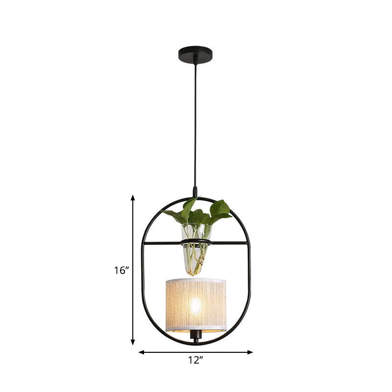 Rustic Pendant Light with Plant Pot and Oval/ Trapezoid Frame in Black - Perfect for Cafes