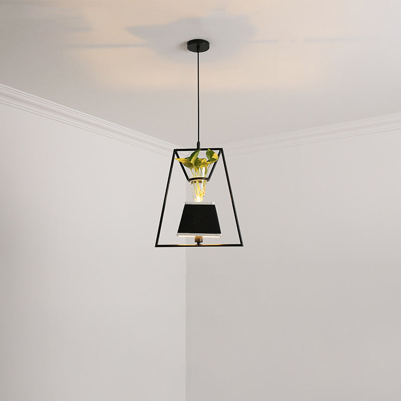 Rustic Pendant Light with Plant Pot and Oval/ Trapezoid Frame in Black - Perfect for Cafes