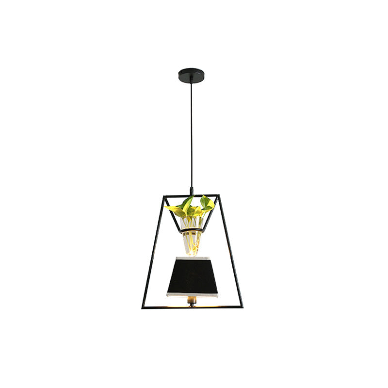 Rustic Pendant Light with Plant Pot and Oval/ Trapezoid Frame in Black - Perfect for Cafes