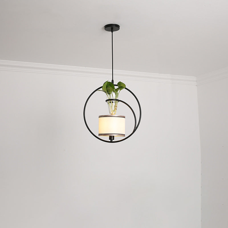 Rustic Fabric Pendant Light With Plant Pot - Cafe Ceiling Fixture Black / Round