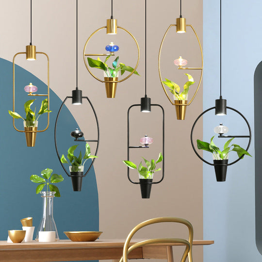 Modern Metal LED Pendant Light in Loft Black/Gold with Adjustable Shape for Dining Room and Plant Display