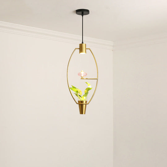 Modern Metal Led Pendant Light With Plant Container - Black/Gold Finish