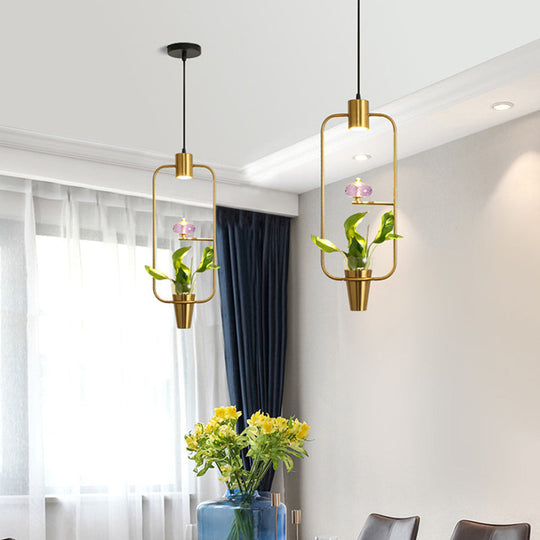 Modern Metal Led Pendant Light With Plant Container - Black/Gold Finish Gold / Rectangle