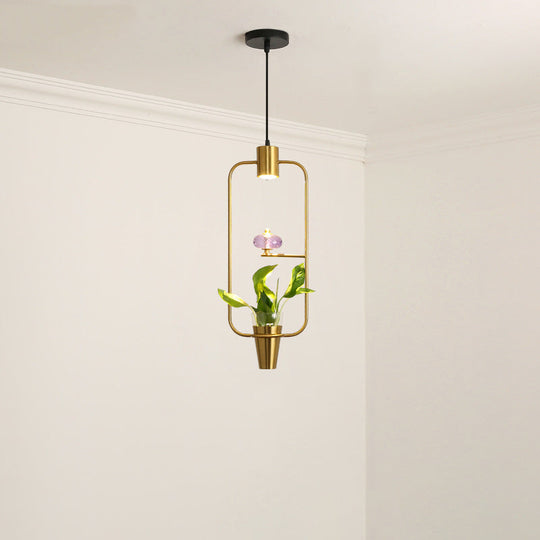 Modern Metal Led Pendant Light With Plant Container - Black/Gold Finish