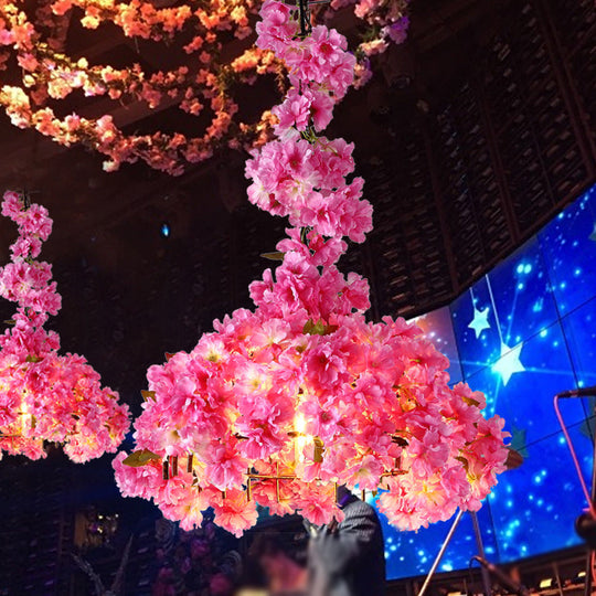 Metallic Led Hanging Ceiling Light In Pink With Country Flower Blossom Design For Beer Bar