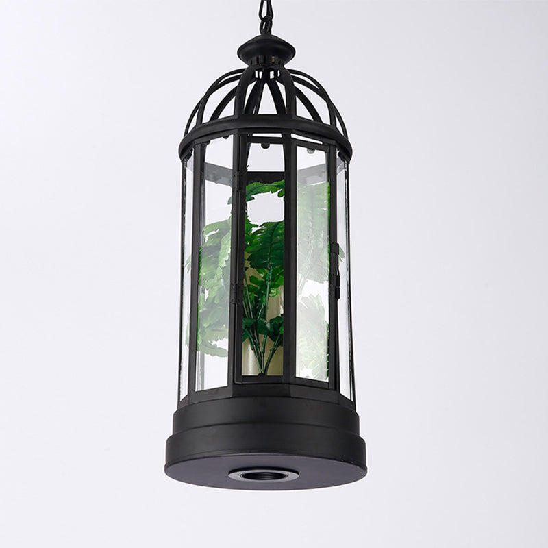 Industrial Clear Glass Pendant Ceiling Lamp - Black Elongated Single Drop for Restaurants with Candle and Plant Accent