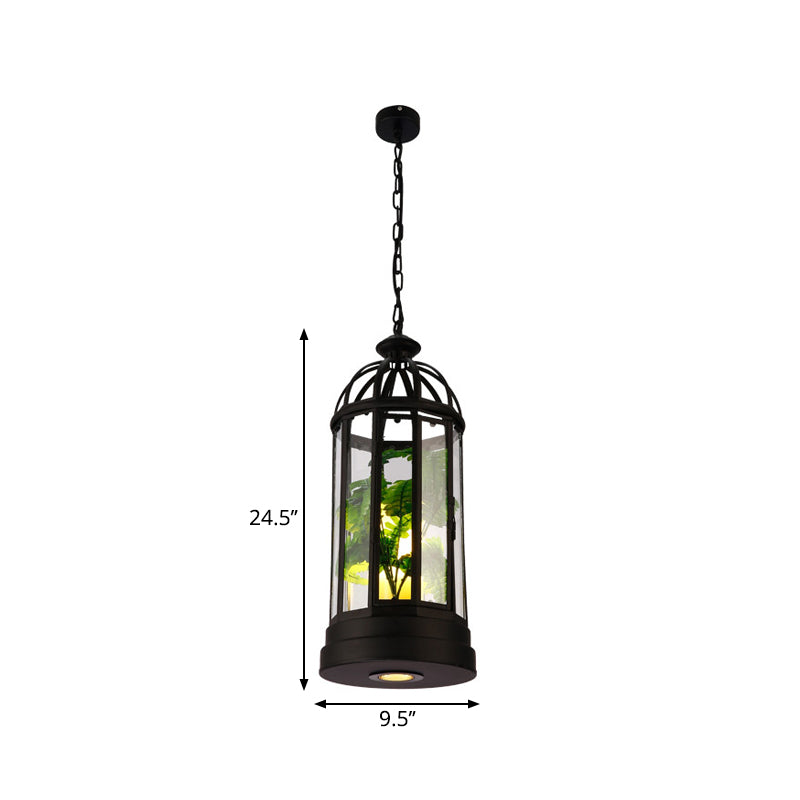 Industrial Clear Glass Pendant Ceiling Lamp - Black Elongated Single Drop for Restaurants with Candle and Plant Accent