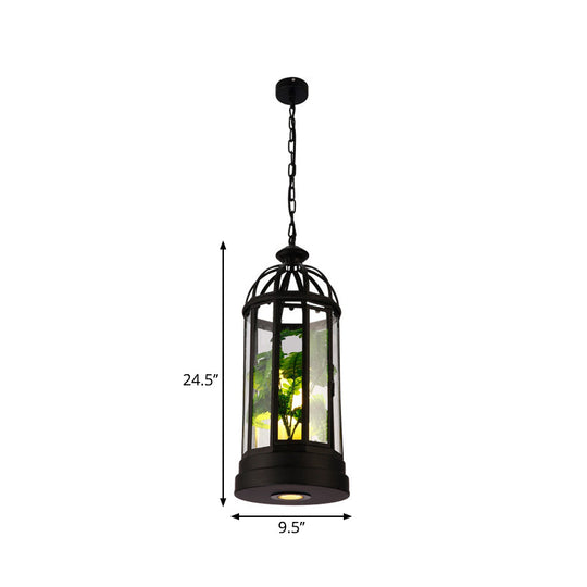 Industrial Clear Glass Pendant Ceiling Lamp - Black Elongated Single Drop For Restaurants With