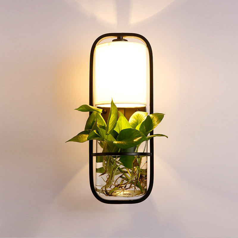 Lodge Black/White/Gold Wall Lamp: 1 Bulb Cylindrical Sconce Light With Warm/White Lighting And Plant