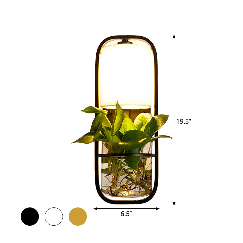 Lodge Black/White/Gold Wall Lamp: 1 Bulb Cylindrical Sconce Light With Warm/White Lighting And Plant