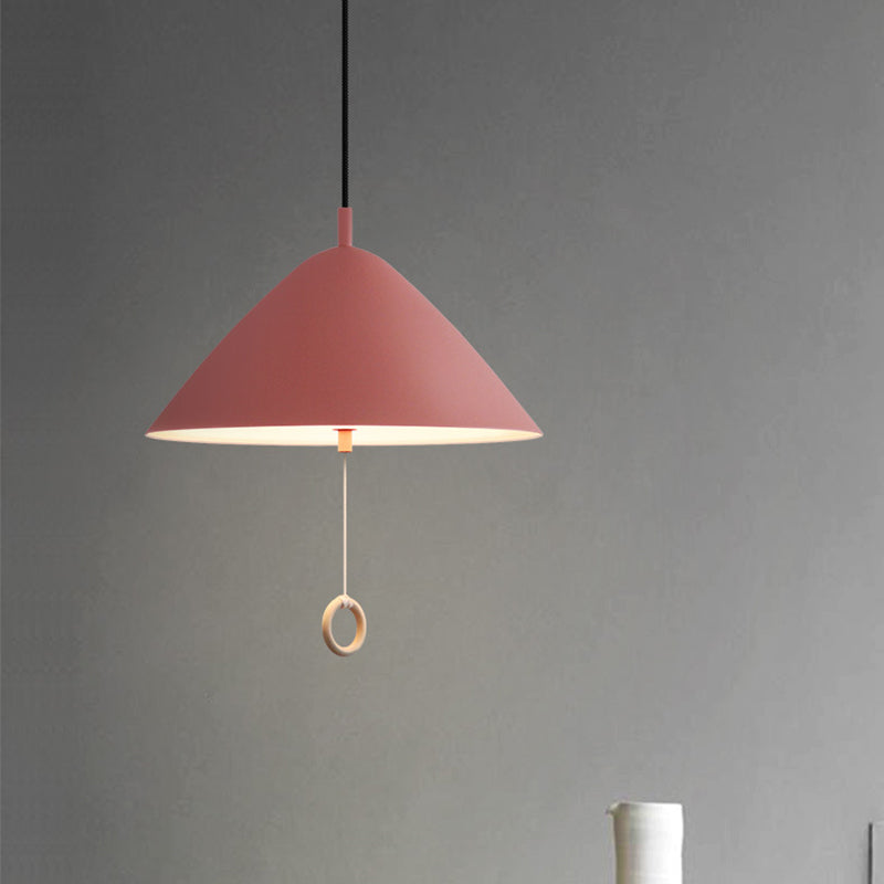 Yellow Conical Pendant Macaron Metal Lamp With Pull-Chain Suspension For Dining Room Ceiling