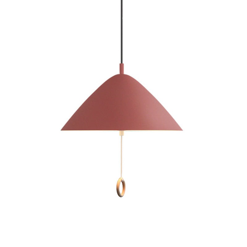 Yellow Conical Pendant Macaron Metal Lamp With Pull-Chain Suspension For Dining Room Ceiling