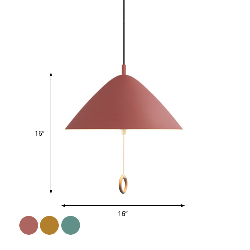 Yellow Conical Pendant Macaron Metal Lamp With Pull-Chain Suspension For Dining Room Ceiling