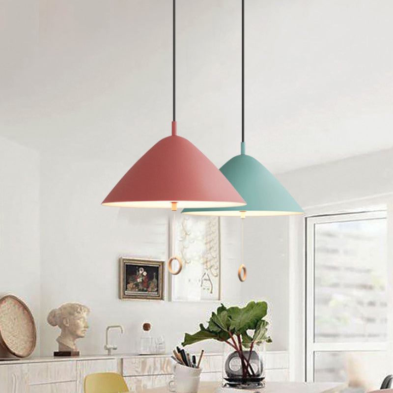 Yellow Conical Pendant Macaron Metal Lamp With Pull-Chain Suspension For Dining Room Ceiling