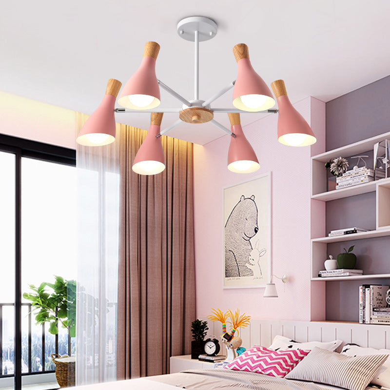 Modern Metal Cone Chandelier - 6 Bulb Hanging Lights For Living Room Pink