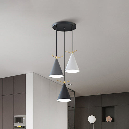 3-Light Nordic Cone Pendant With Antler Decor And Canopy - Black/White Hanging Lamp Black Gray-White