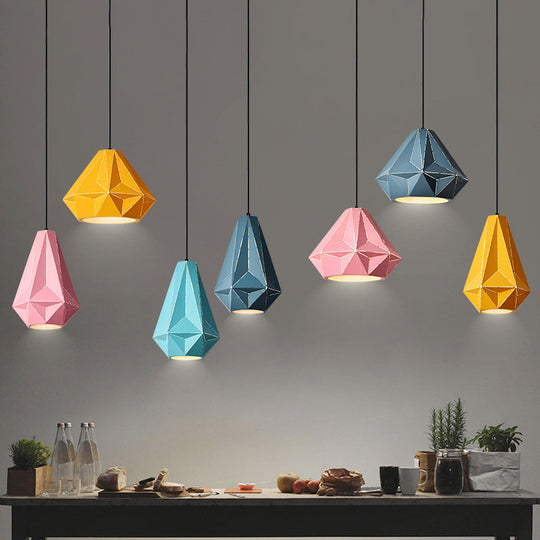 Iron Origami Diamond Pendulum Macaron Single-Bulb Pendant Light In Yellow/Dark Blue/Pink