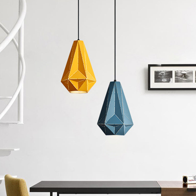 Iron Origami Diamond Pendulum Macaron Single-Bulb Pendant Light In Yellow/Dark Blue/Pink