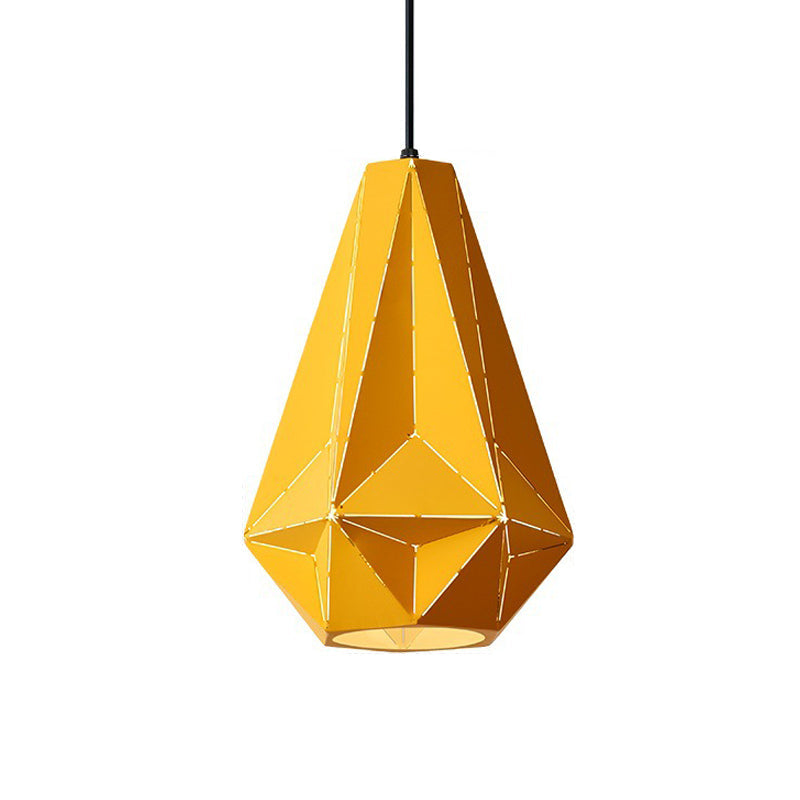 Iron Origami Diamond Pendulum Macaron Single-Bulb Pendant Light In Yellow/Dark Blue/Pink