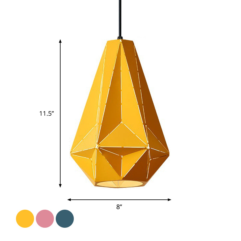 Iron Origami Diamond Pendulum Macaron Single-Bulb Pendant Light In Yellow/Dark Blue/Pink