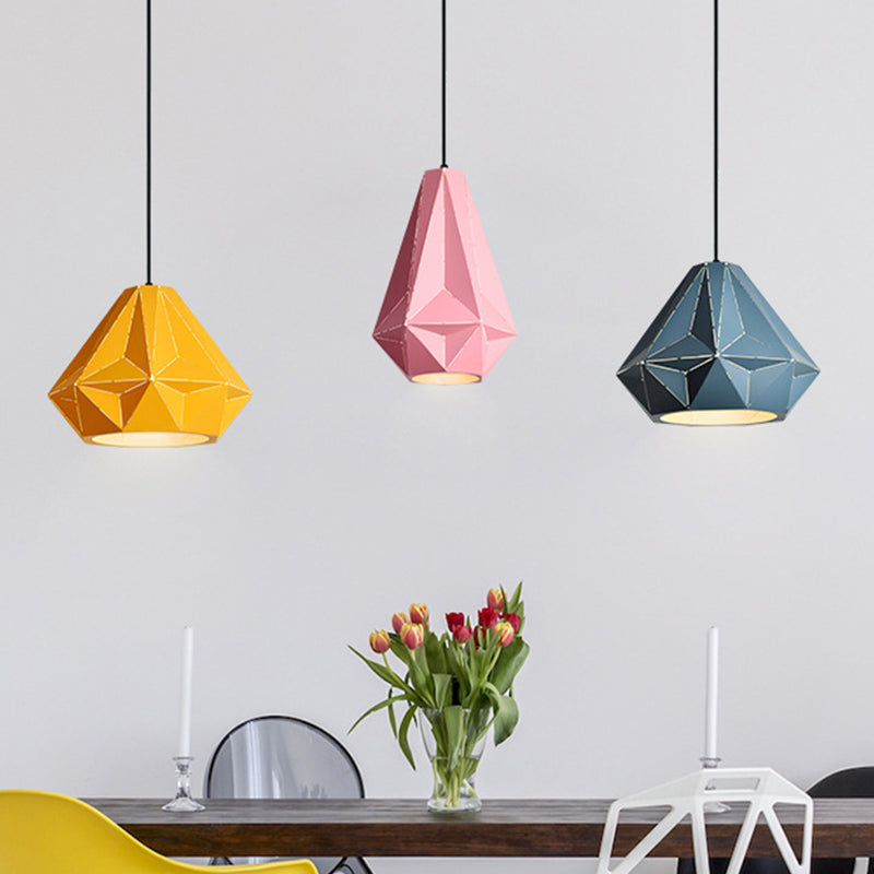 Iron Origami Diamond Pendulum Macaron Single-Bulb Pendant Light In Yellow/Dark Blue/Pink