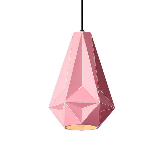 Iron Origami Diamond Pendulum Macaron Single-Bulb Pendant Light In Yellow/Dark Blue/Pink