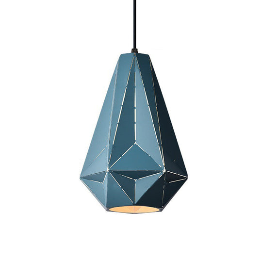 Iron Origami Diamond Pendulum Macaron Single-Bulb Pendant Light In Yellow/Dark Blue/Pink