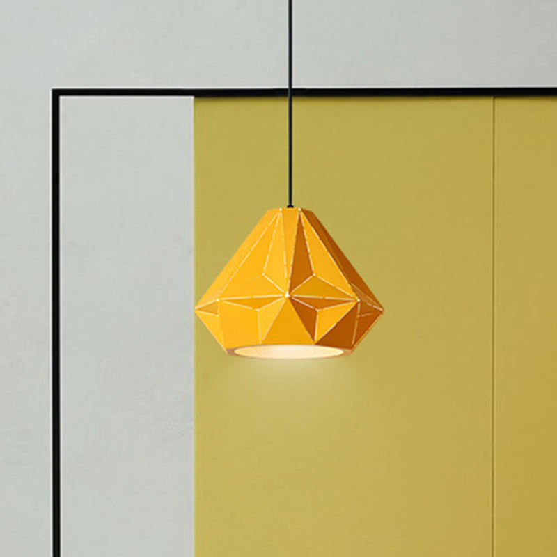 Iron Origami Diamond Pendulum Macaron Single-Bulb Pendant Light In Yellow/Dark Blue/Pink Yellow / B