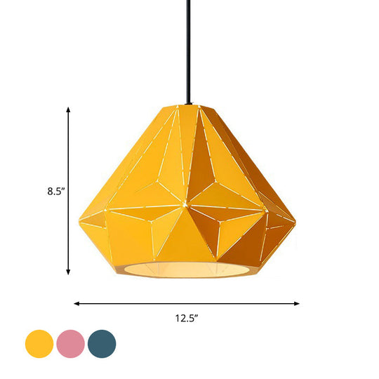 Iron Origami Diamond Pendulum Macaron Single-Bulb Pendant Light In Yellow/Dark Blue/Pink