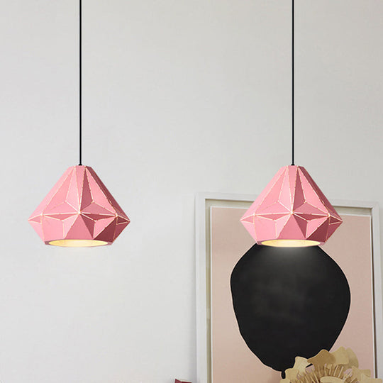 Iron Origami Diamond Pendulum Macaron Single-Bulb Pendant Light In Yellow/Dark Blue/Pink