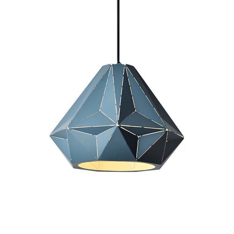 Iron Origami Diamond Pendulum Macaron Single-Bulb Pendant Light In Yellow/Dark Blue/Pink