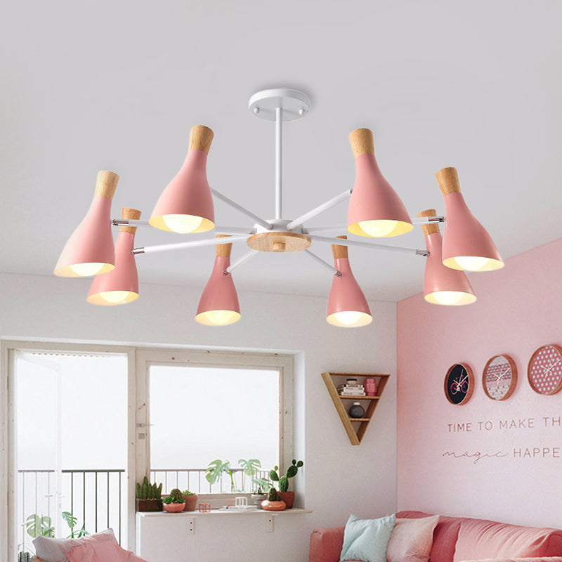 Conical Shade Hanging Chandelier With 8 Bulbs - Simple Style Metal Ceiling Lamp For Living Room Pink