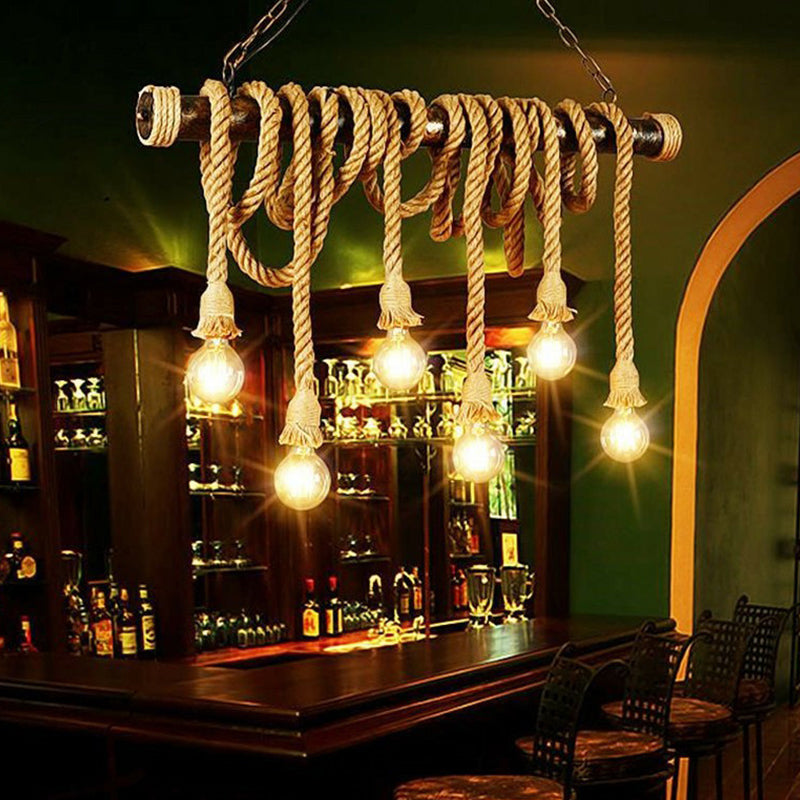 Rustic Jute Rope Island Pendant Light For Wine Bar - 4/6 Lights Farmhouse Style Linear Design