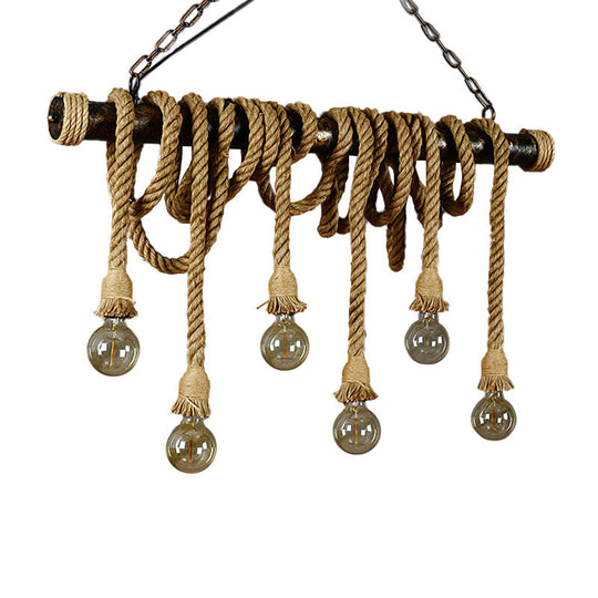 Rustic Jute Rope Island Pendant Light For Wine Bar - 4/6 Lights Farmhouse Style Linear Design