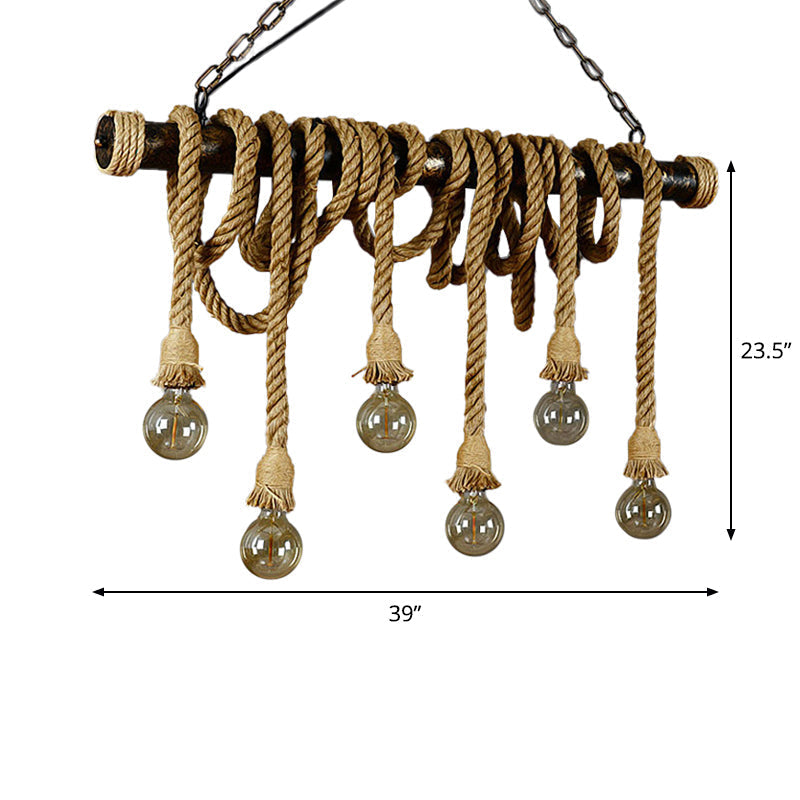 Rustic Jute Rope Island Pendant Light For Wine Bar - 4/6 Lights Farmhouse Style Linear Design