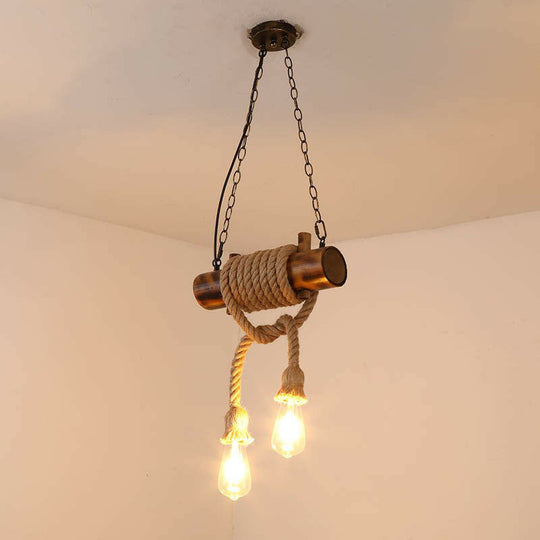 Handmade 2-Head Hemp Rope Pendant Chandelier with Lodge Brown Exposed Bulbs