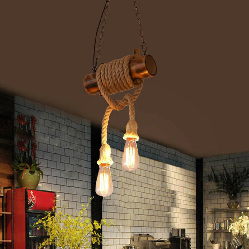 Handmade Hemp Rope Pendant Chandelier With 2-Head Exposed Bulb Design - Lodge Brown