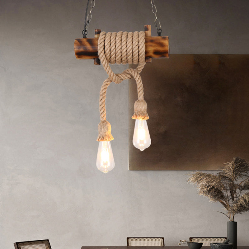 Handmade Hemp Rope Pendant Chandelier With 2-Head Exposed Bulb Design - Lodge Brown