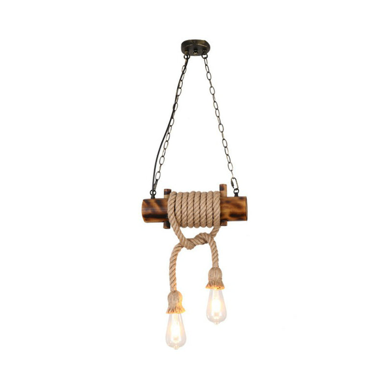 Handmade 2-Head Hemp Rope Pendant Chandelier with Lodge Brown Exposed Bulbs