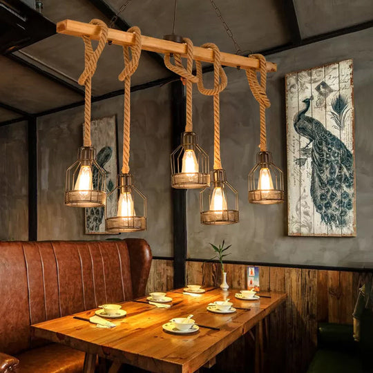 Rustic Wood Pendant Lamp: Linear Restaurant Hanging Island Light With Brown Roped Cage (3/5-Light)