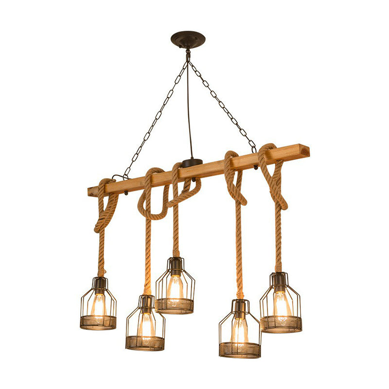 Rustic Wood Pendant Lamp: Linear Restaurant Hanging Island Light With Brown Roped Cage (3/5-Light)