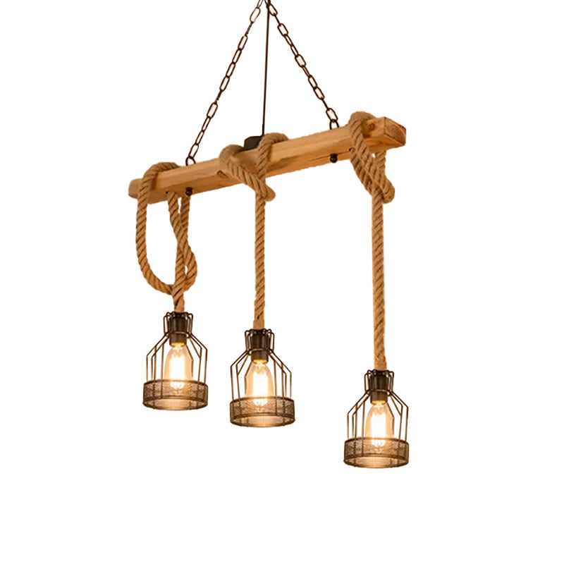 Rustic Wood Pendant Lamp: Linear Restaurant Hanging Island Light With Brown Roped Cage (3/5-Light)