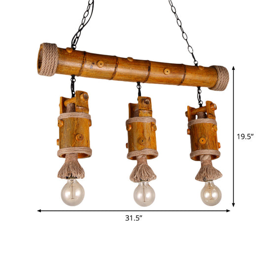 Bamboo Chinese Bucket Pendant Lamp - Countryside 3-Bulb Island Light Fixture In Brown With Rope