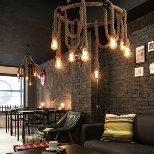 Brown Circle Ceiling Suspension Lamp - Lodge Style - 6/8 Lights - Restaurant Chandelier with Naked Bulb Design