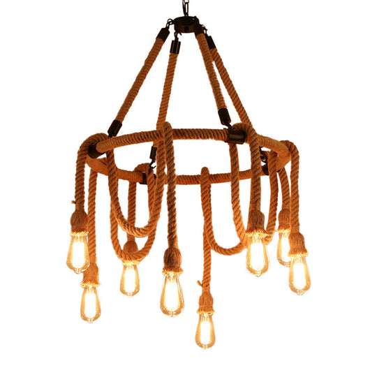 Brown Circle Ceiling Suspension Lamp - Lodge Style - 6/8 Lights - Restaurant Chandelier with Naked Bulb Design