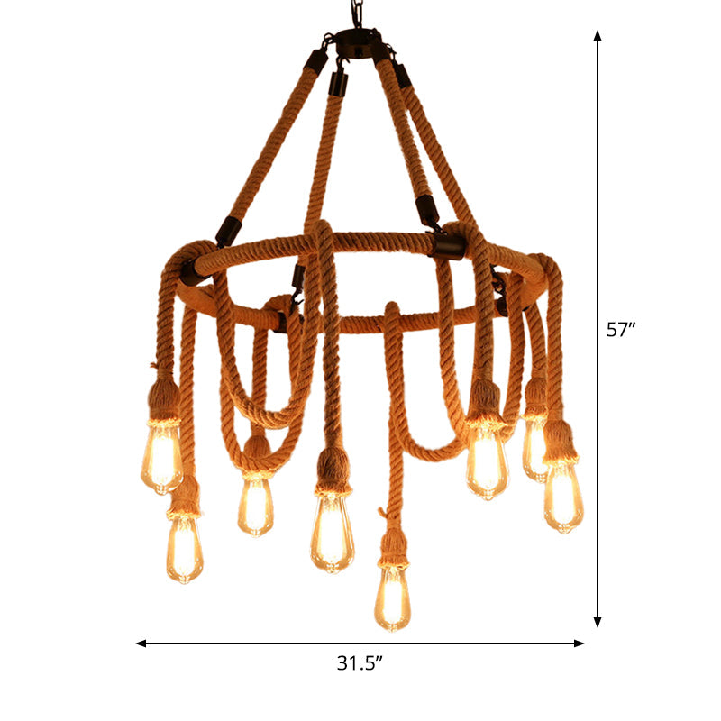 Brown Circle Ceiling Suspension Lamp - Lodge Style - 6/8 Lights - Restaurant Chandelier with Naked Bulb Design