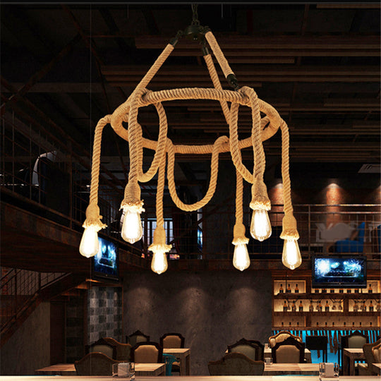 Brown Circle Ceiling Suspension Lamp - Lodge Roped 6/8-Light Chandelier With Naked Bulb Design For