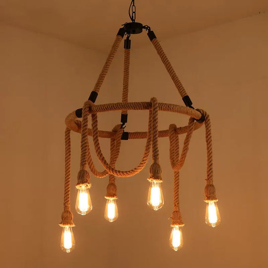 Brown Circle Ceiling Suspension Lamp - Lodge Roped 6/8-Light Chandelier With Naked Bulb Design For