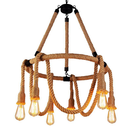 Brown Circle Ceiling Suspension Lamp - Lodge Roped 6/8-Light Chandelier With Naked Bulb Design For